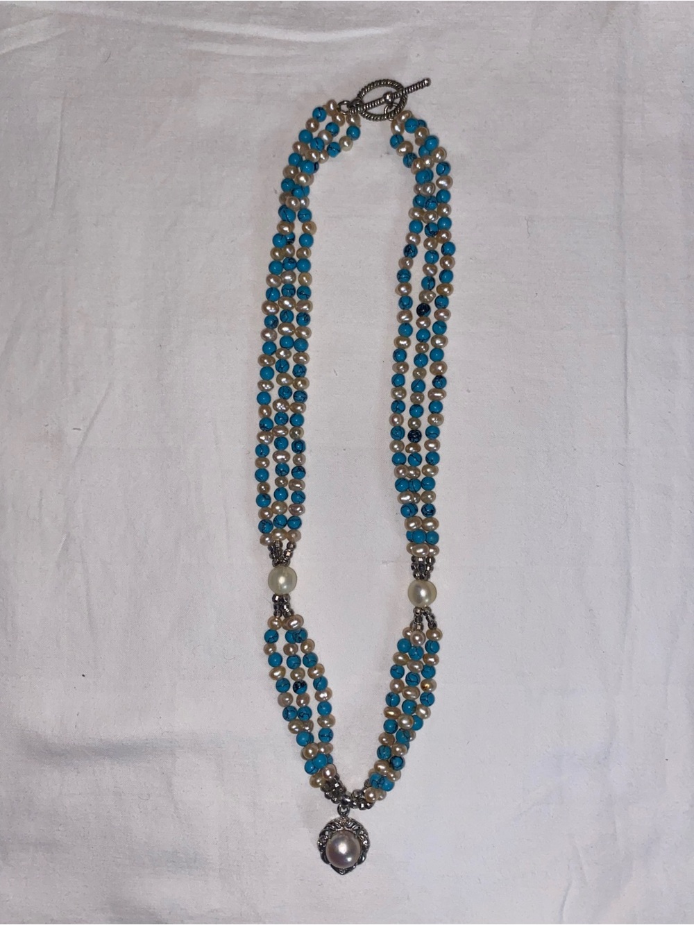 Turquoise Beaded Pearl-Accent Necklace with Silver-Tone Details